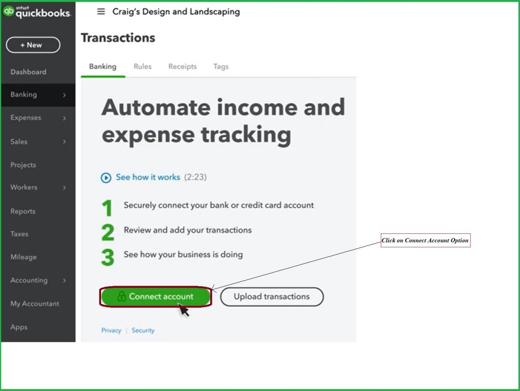 Click on Connect Account - Quickbooks Online Bank Feed