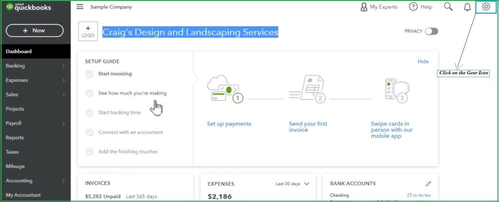 Click on Gear Icon - QuickBooks Invoice Template