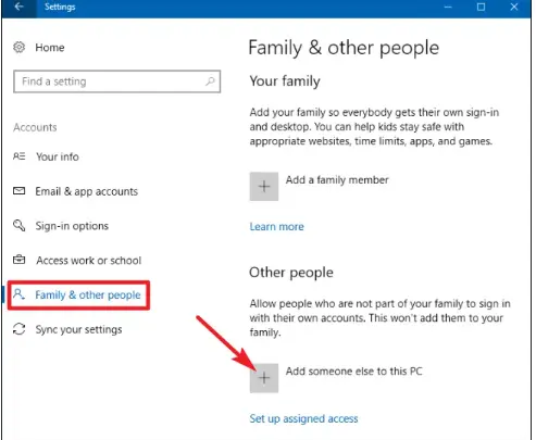 Other Users,’ choose ‘Add Someone Else to this PC