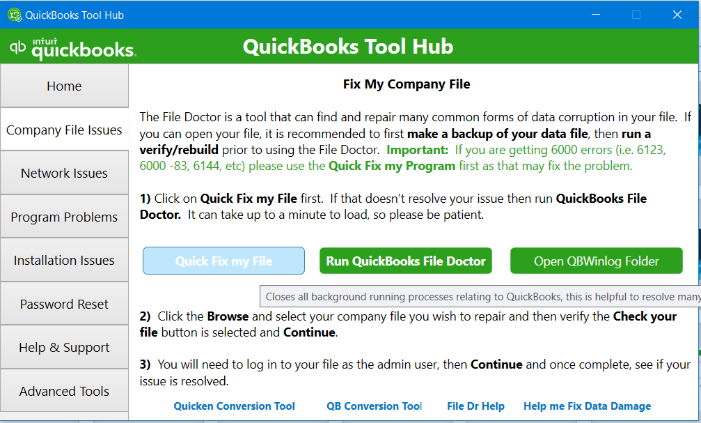 Fix the Company file quickBooks Tool hub