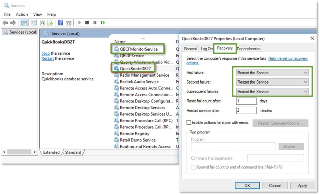 Recovery tab and click Restart the Service