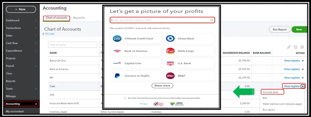 How to add a new Bank account in quickbooks?