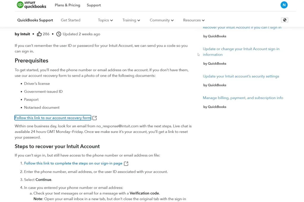 Intuit QuickBooks Online account recovery form submission